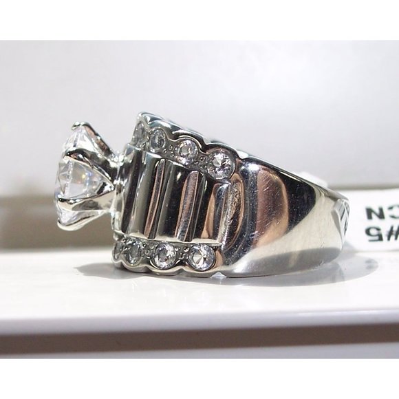 STAINLESS STEEL Round Cut Cubic Zirconia Wide Band Ring - Picture 10 of 16